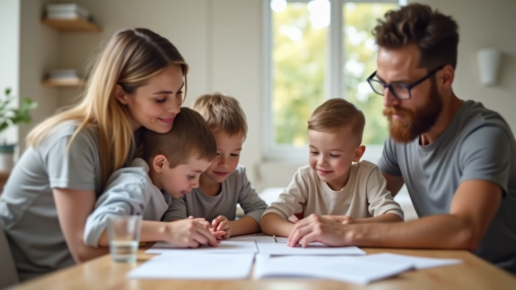 Família com crianças sentada à mesa consultando informações sobre recursos de apoio em Portugal