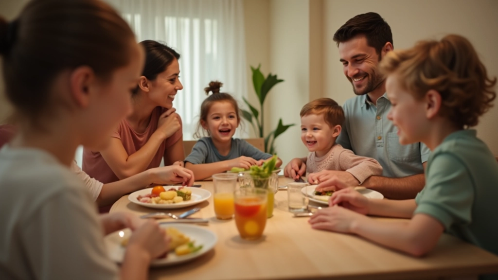 Família portuguesa em momento de convívio, pais e crianças numa refeição em casa