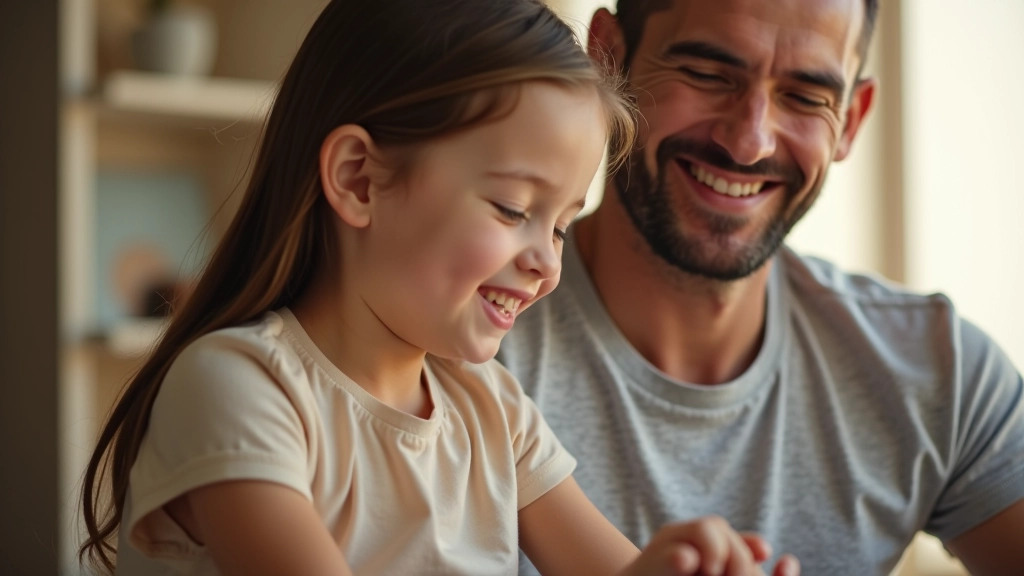 Pai a brincar com filha pequena na sala de estar, ambiente acolhedor e positivo com luz natural