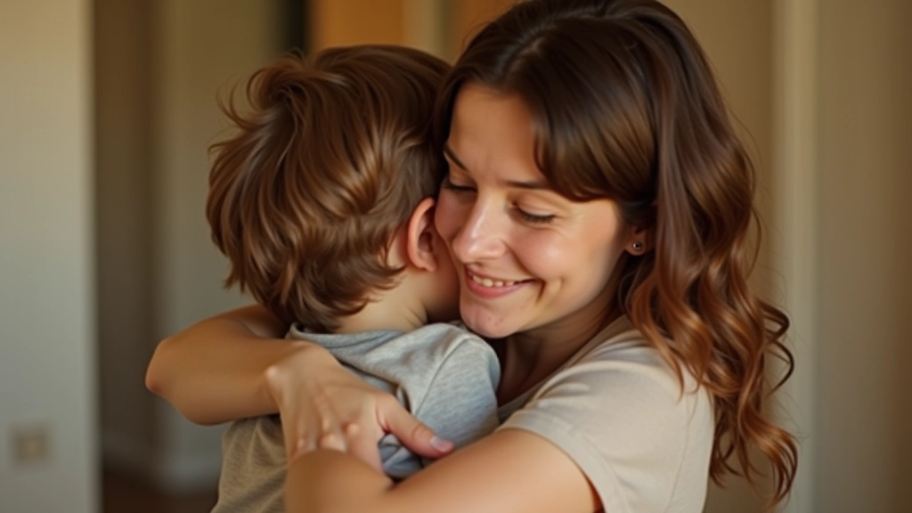 Mãe e criança a abraçarem-se após reconciliação, momento carinhoso em casa com luz morna