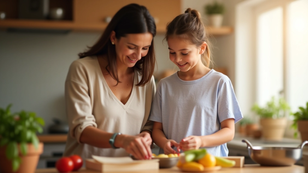 Mãe e filha fazendo atividade criativa juntas na cozinha, momento de qualidade