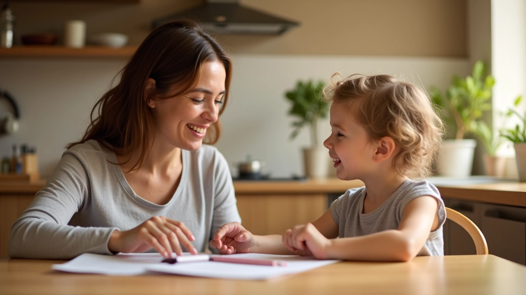 Mãe e filho em conversa durante o almoço na cozinha, momento de ligação familiar