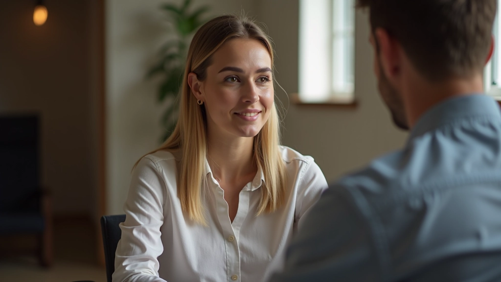 Profissional de saúde ou assistente social em consulta individual com mulher numa sala de atendimento profissional