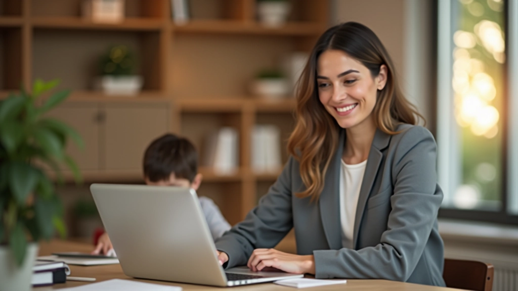 Mãe profissional em home office com criança brincando ao fundo, equilíbrio trabalho-família